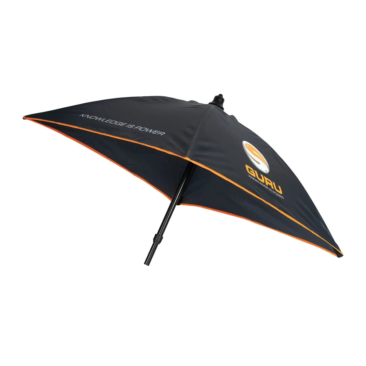 Guru Bait Umbrella – zwarte aasparaplu met oranje rand en Guru-logo op witte achtergrond