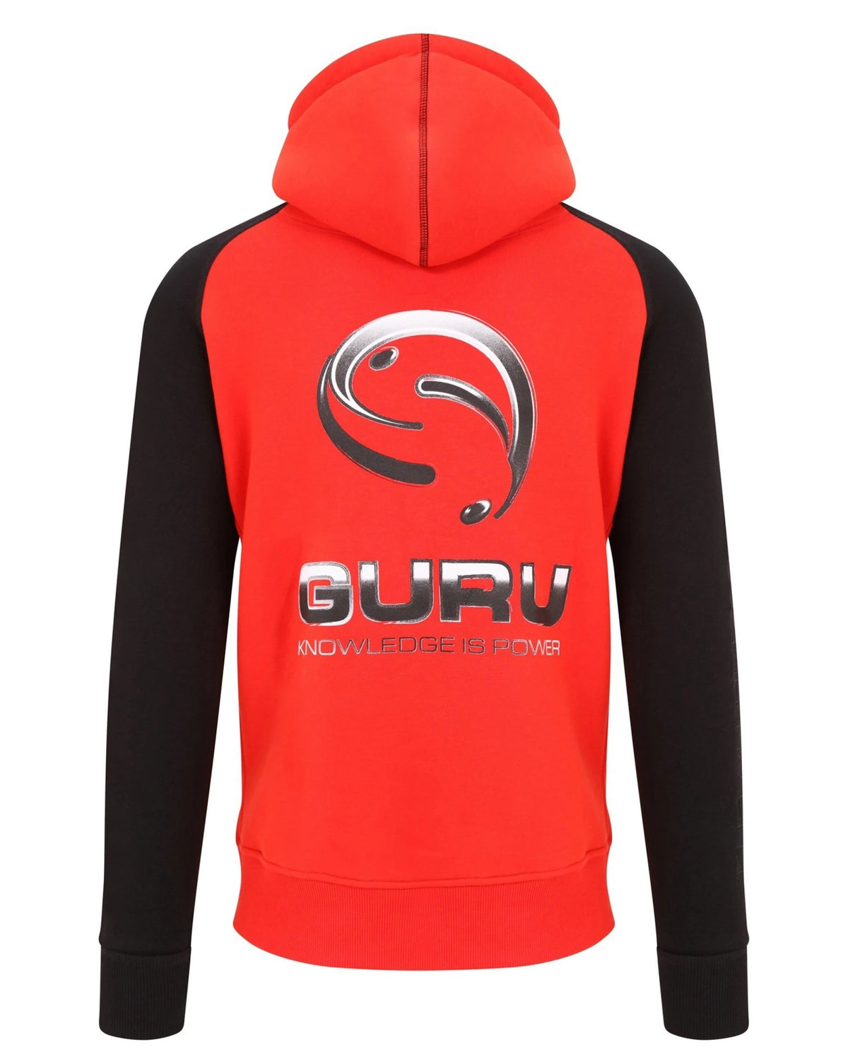 Guru Hoodie Red/Black, achteraanzicht met groot Guru-ruglogo en rode capuchon