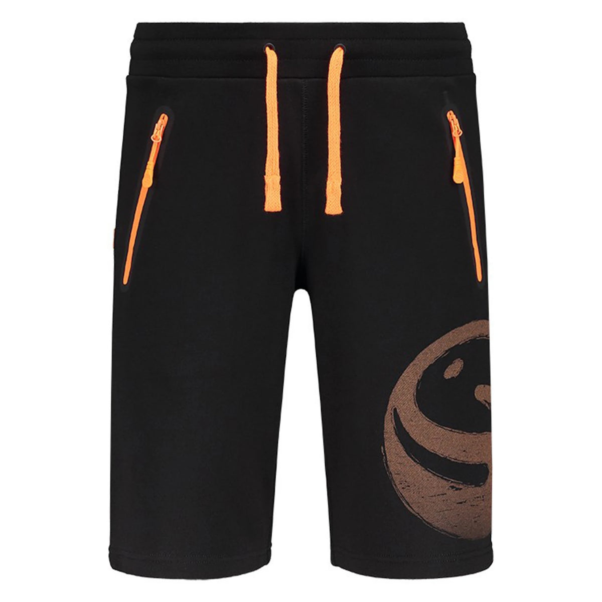 Guru Jersey Shorts Black, zwarte korte broek met oranje ritsen en koord, vooraanzicht