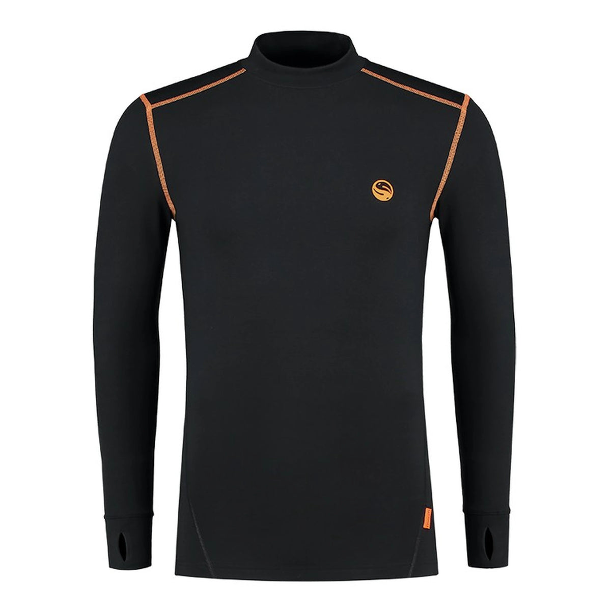 Guru Thermal LS Shirt Black, origineel vooraanzicht met oranje schoudernaden, Guru-logo en duimgaten