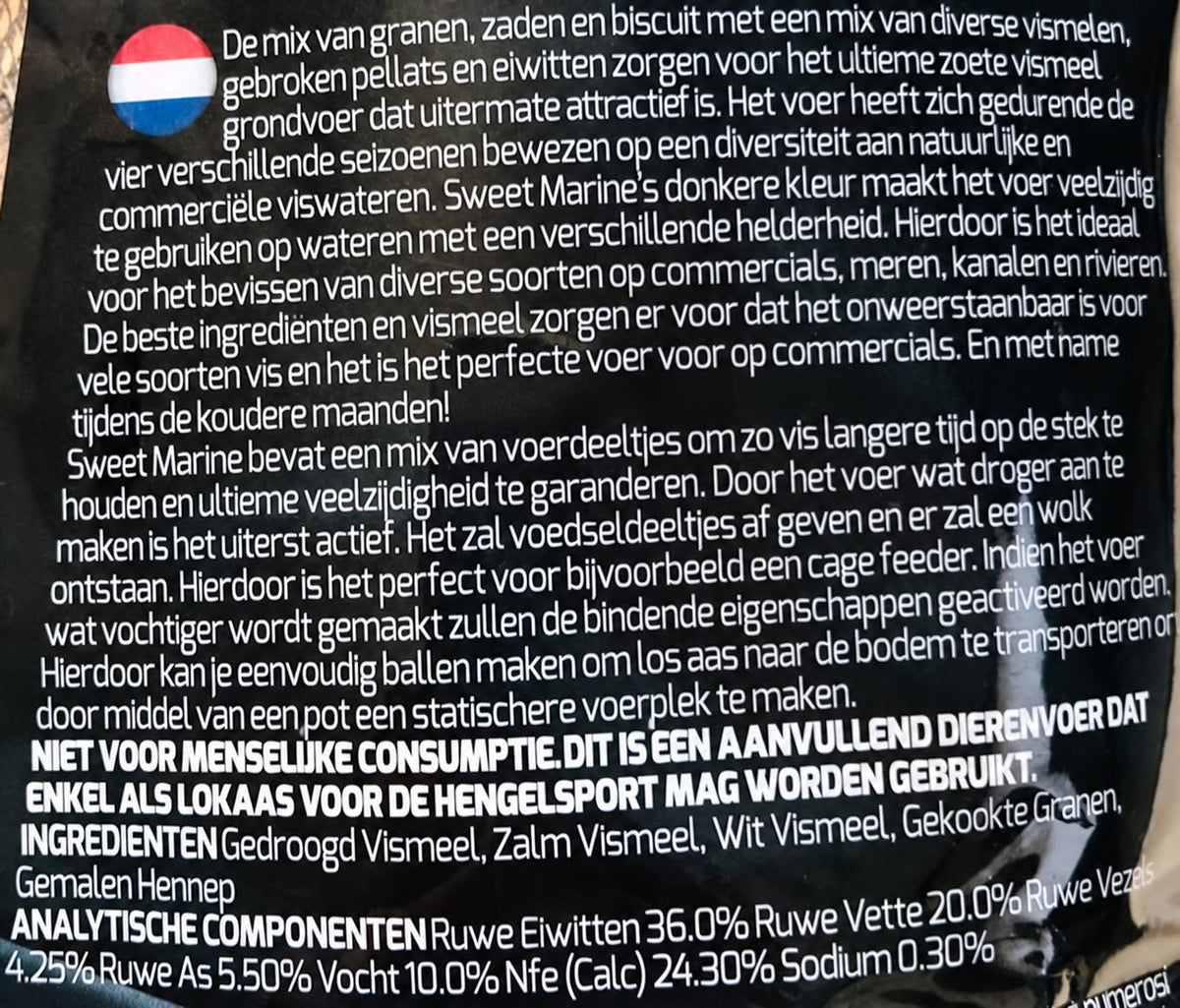 Mainline Sweet Marine Groundbait 2kg – achterzijde met ingrediënten en analyse