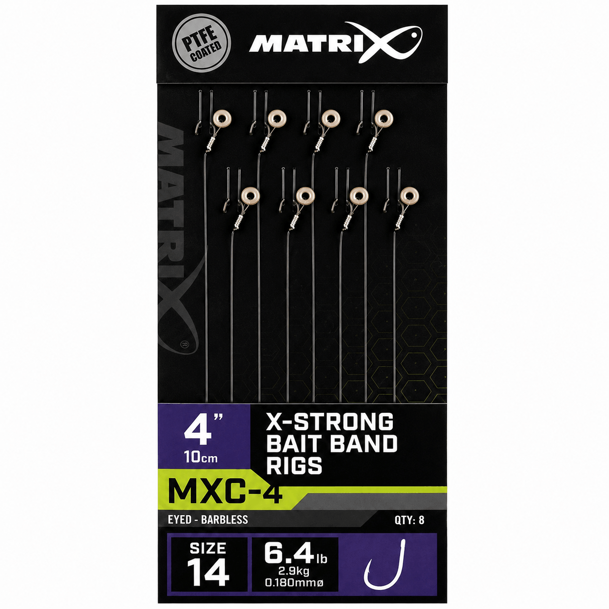 Matrix-MXC-4-X-Strong-Bait-Band-Rigs-Eyed-Barbless-4-10cm-Onderlijnen-size-14-018mm
