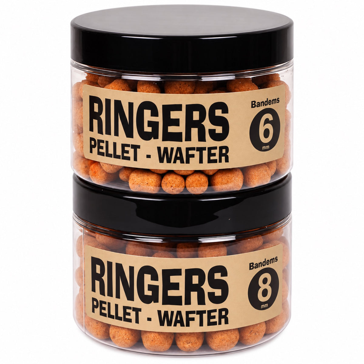 Ringers Pellet Wafters 6mm en 8mm in gestapelde potten