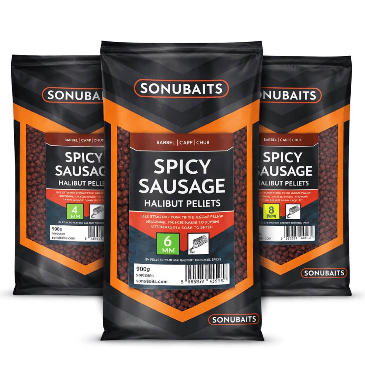 Sonubaits Spicy Sausage Halibut Pellets 900g verpakkingen in 4mm 6mm en 8mm