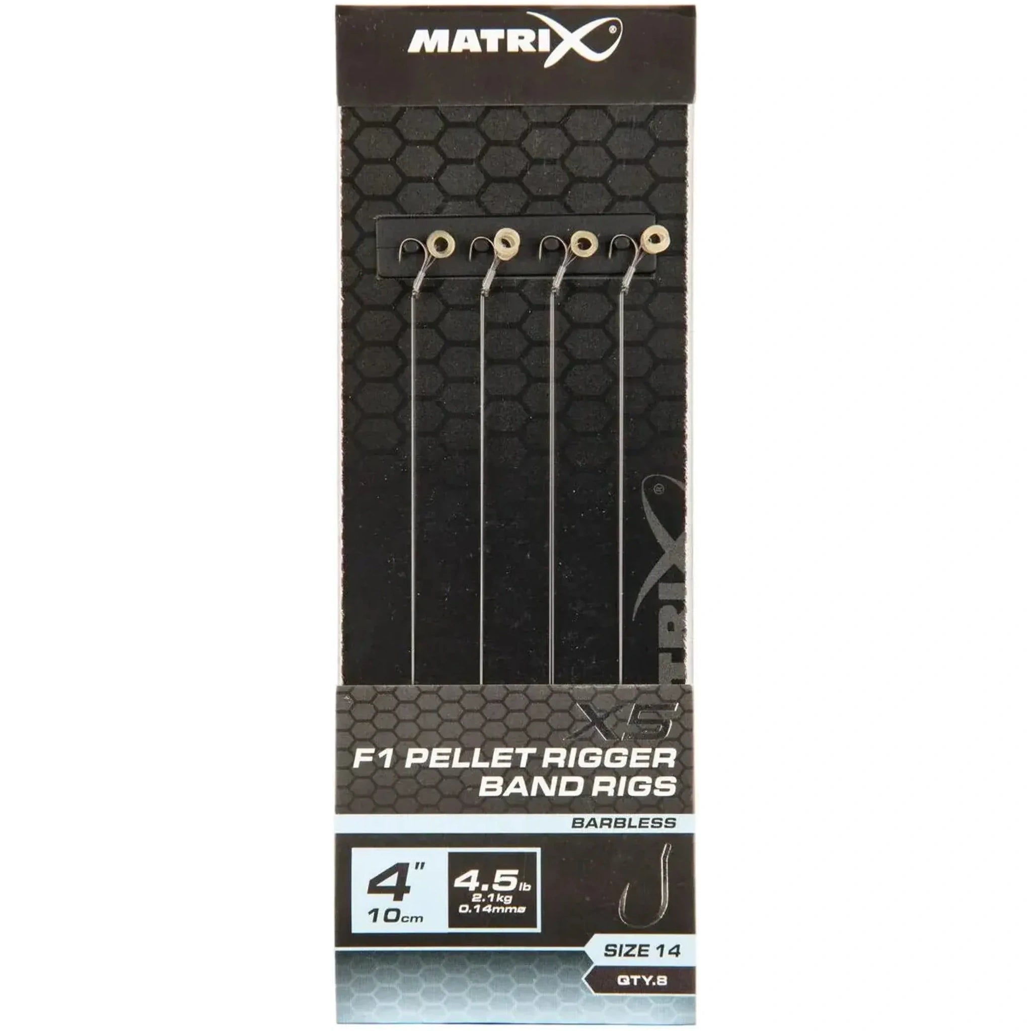 Matrix X5 F1 Pellet Rigger Band Rigs 4 inch / 10 cm – haak 14, 0.14 mm, zonder weerhaak, met bait band