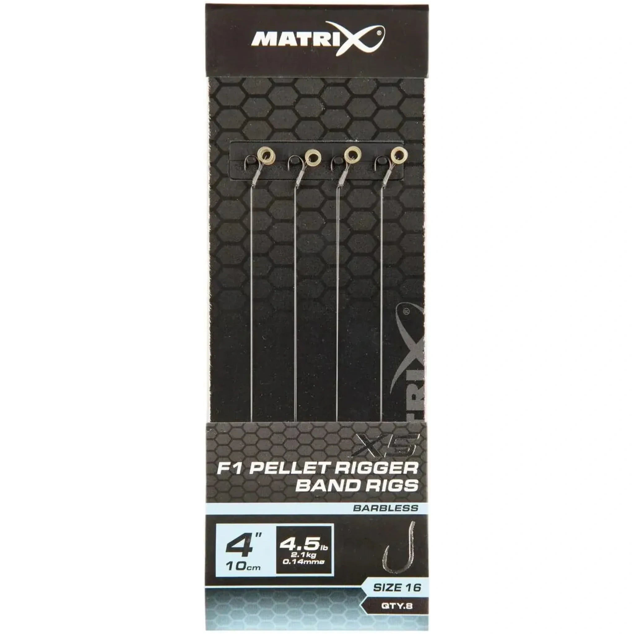 Matrix X5 F1 Pellet Rigger Band Rigs 4 inch / 10 cm – haak 16, 0.14 mm, zonder weerhaak, met bait band