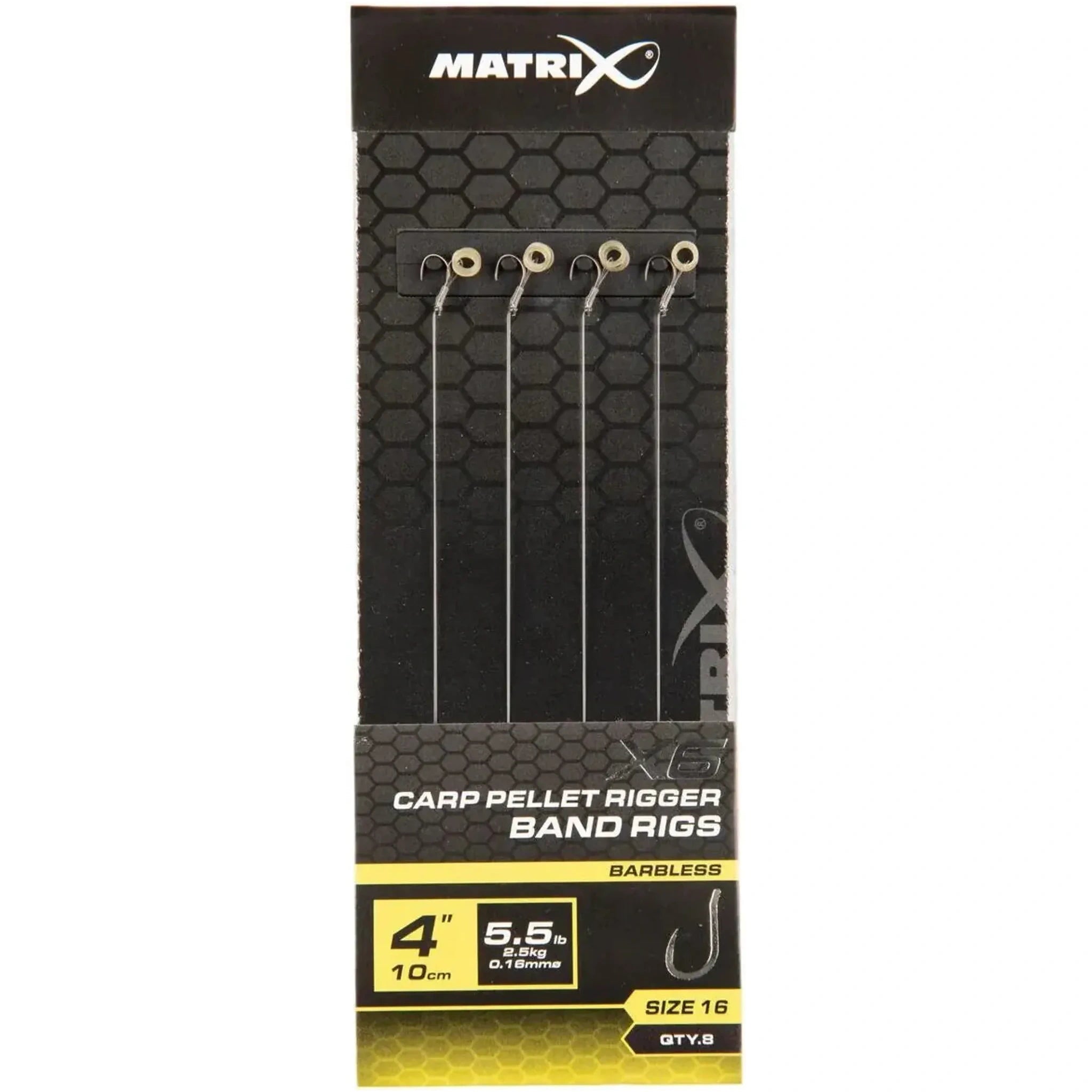 Matrix X6 Carp Pellet Rigger Band Rigs 4 inch / 10 cm – haak 16, 0.16 mm, zonder weerhaak, met bait band