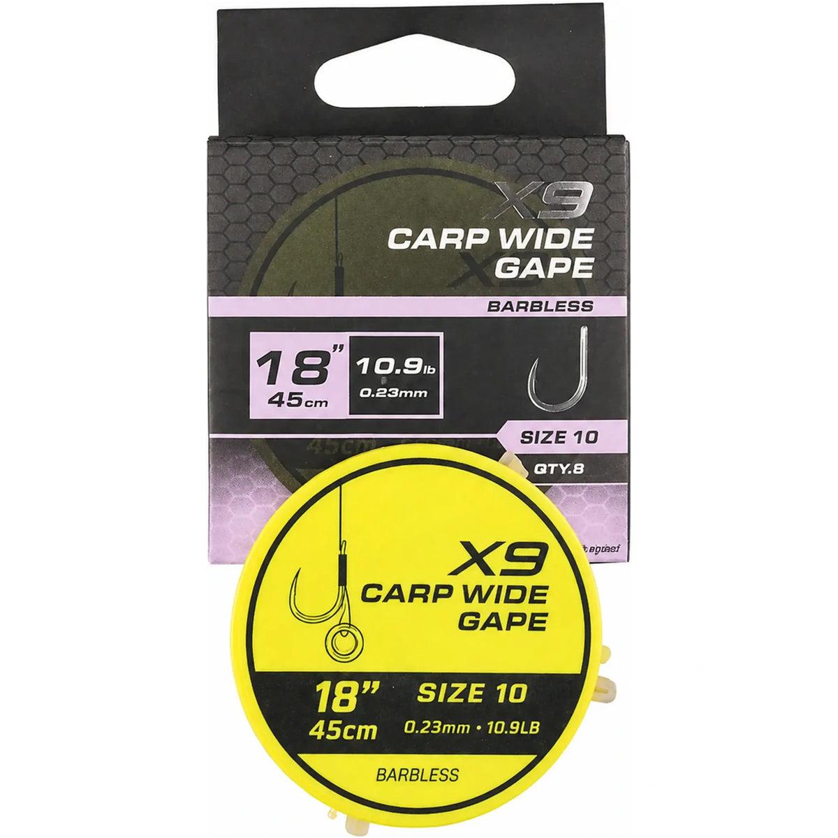 Matrix X9 Carp Wide Gape Band Rigs 18 inch / 45 cm – haak 10, 0.23 mm, zonder weerhaak, met bait band