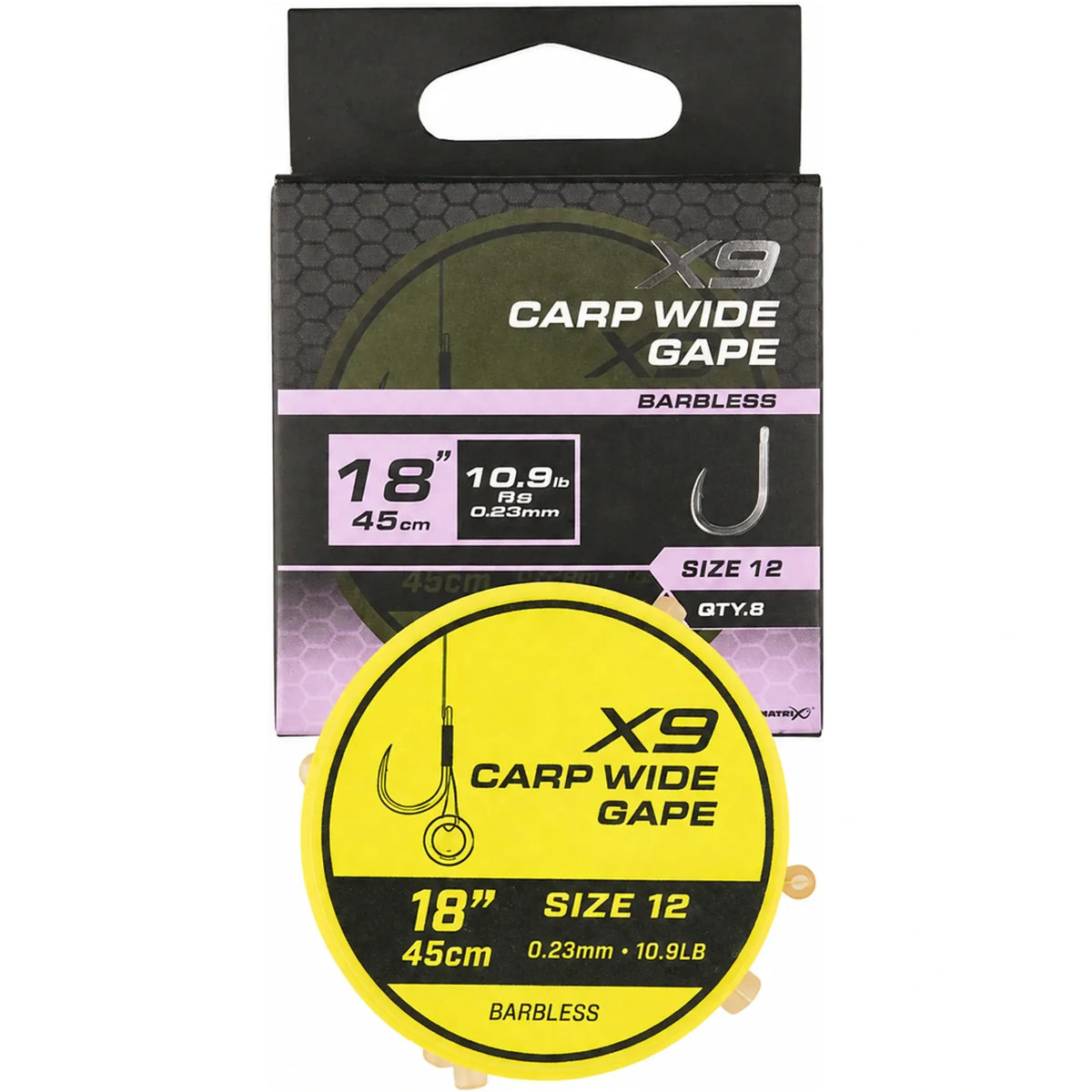 Matrix X9 Carp Wide Gape Band Rigs 18 inch / 45 cm – haak 12, 0.23 mm, zonder weerhaak, met bait band