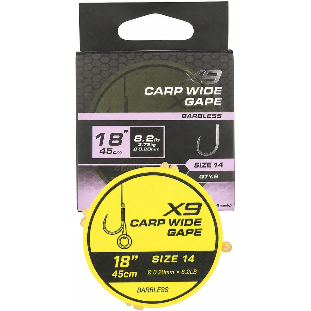 Matrix X9 Carp Wide Gape Band Rigs 18 inch / 45 cm – haak 14, 0.20 mm, zonder weerhaak, met bait band