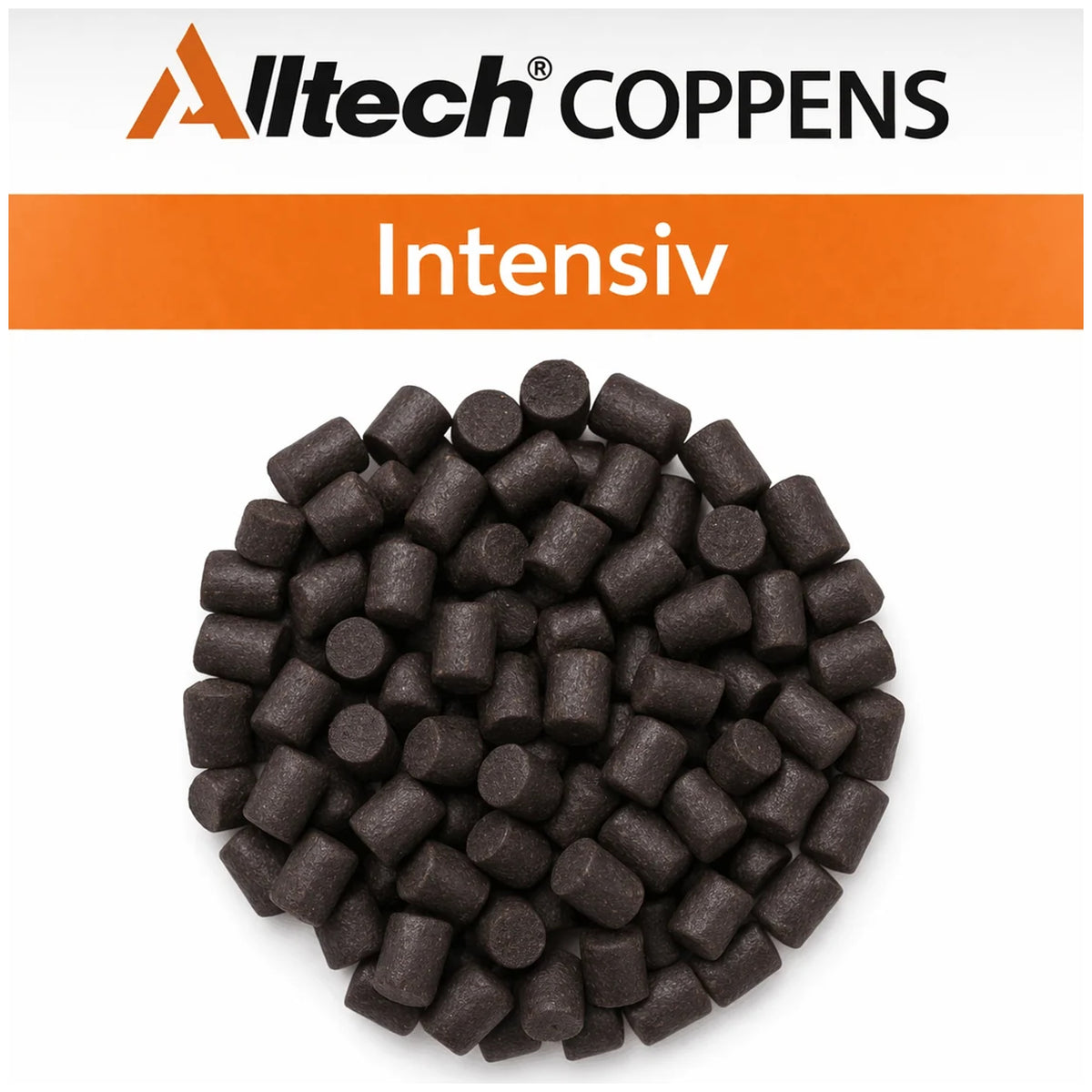 Ronde hoop donkerbruine cilindrische pellets onder het Alltech Coppens-logo en een oranje balk met de witte tekst Intensiv.
