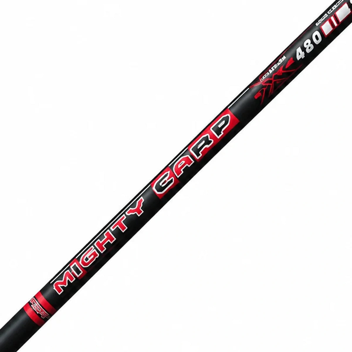 Diagonaal detail van zwarte Arca Mighty Carp 480 kanthengel met rood-witte opdruk