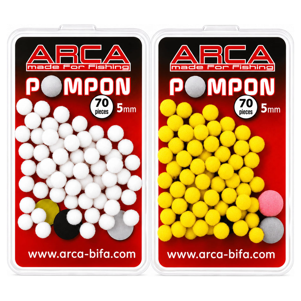 Twee ARCA Pompon doosjes met witte en gele bolletjes en opdruk 70 pieces 5mm
