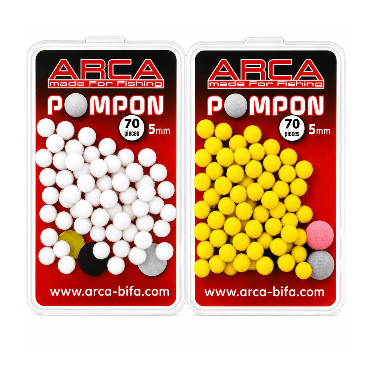 Twee ARCA Pompon doosjes met witte en gele bolletjes en opdruk 70 pieces 5mm