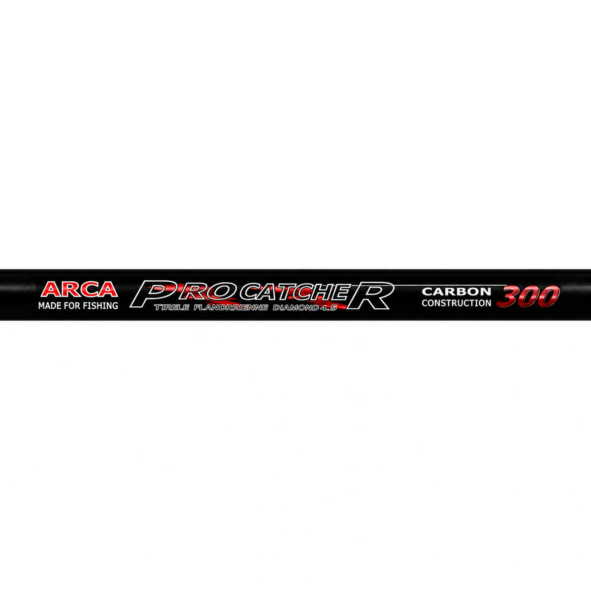 Horizontaal detail van zwarte Arca Pro Catcher schepnetsteel met opdruk CARBON CONSTRUCTION 300