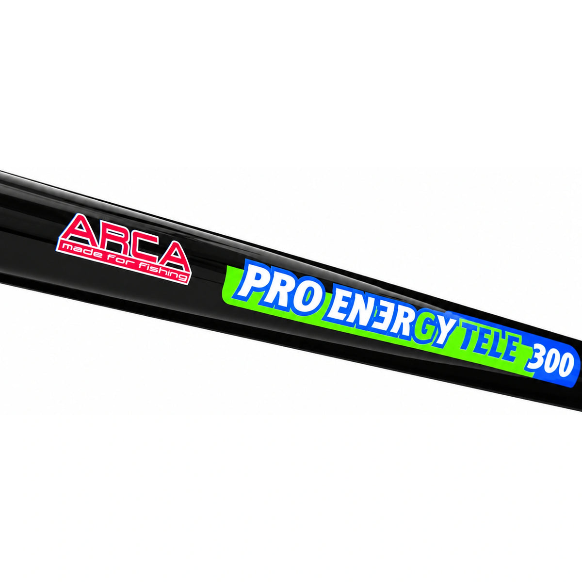 Zwarte Arca schepnetsteel met ARCA-logo en blauw-groene opdruk PRO ENERGY TELE 300