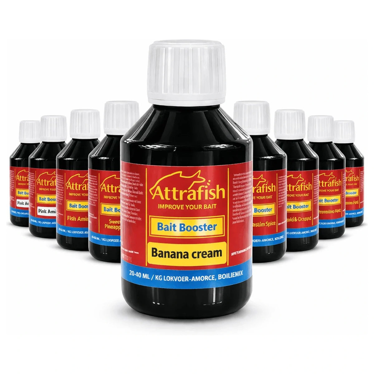 Attrafish Bait Booster flessen met Banana cream centraal vooraan