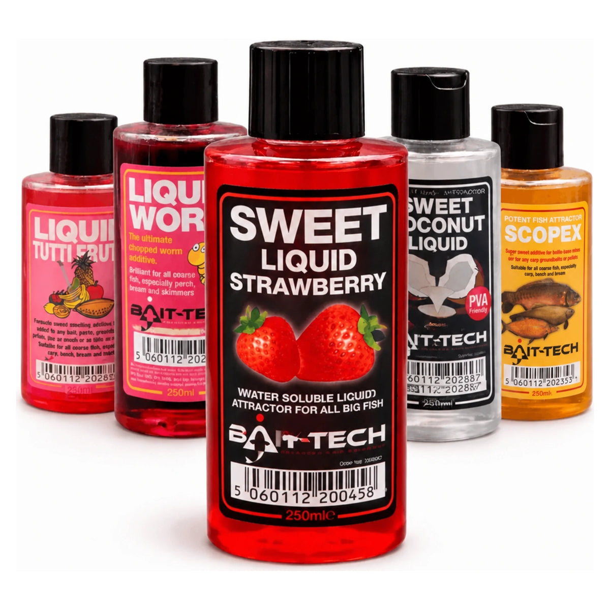 Bait-Tech Liquids 250 ml assortiment van vijf flessen
