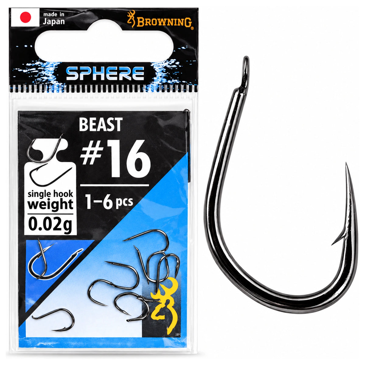 Browning Sphere Beast-verpakking maat 16 met losse haken en een vergrote zwarte haak met weerhaak