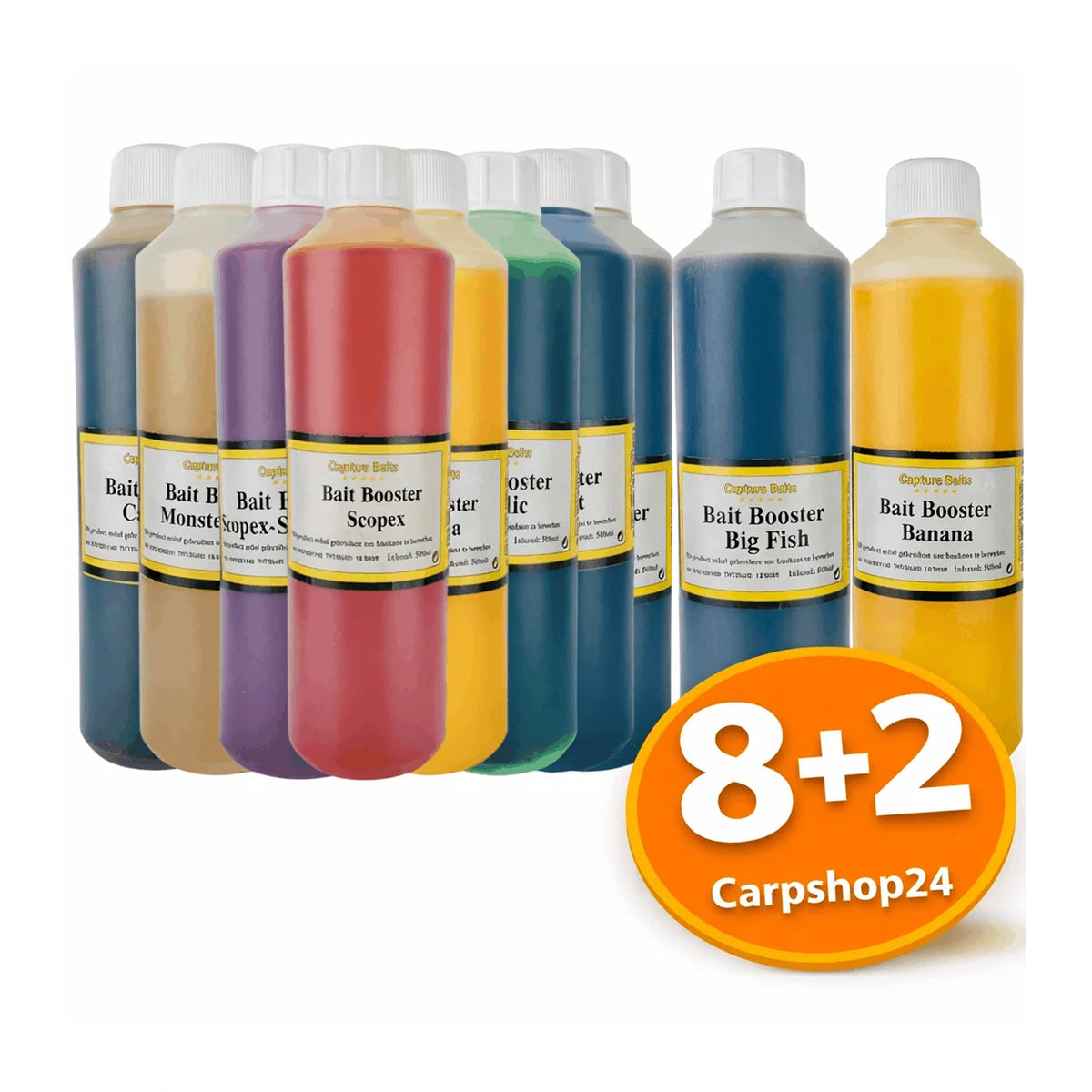 Captura Baits Bait Booster 500ml – gekleurde flessen en oranje 8+2-actiebadge