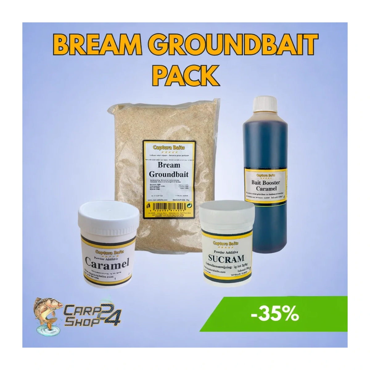 Captura Baits Bream Groundbait Pack – voerzak, fles en twee potten op blauwe actiecover