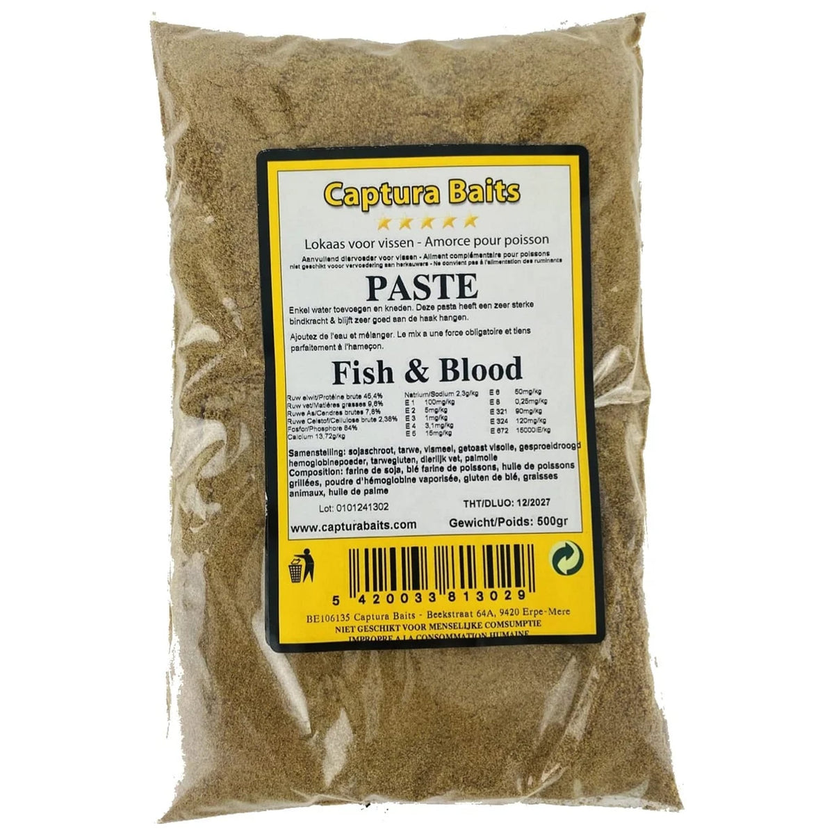 Transparante zak Captura Baits Fish & Blood-pastemix met geel etiket en 500 gr-opdruk