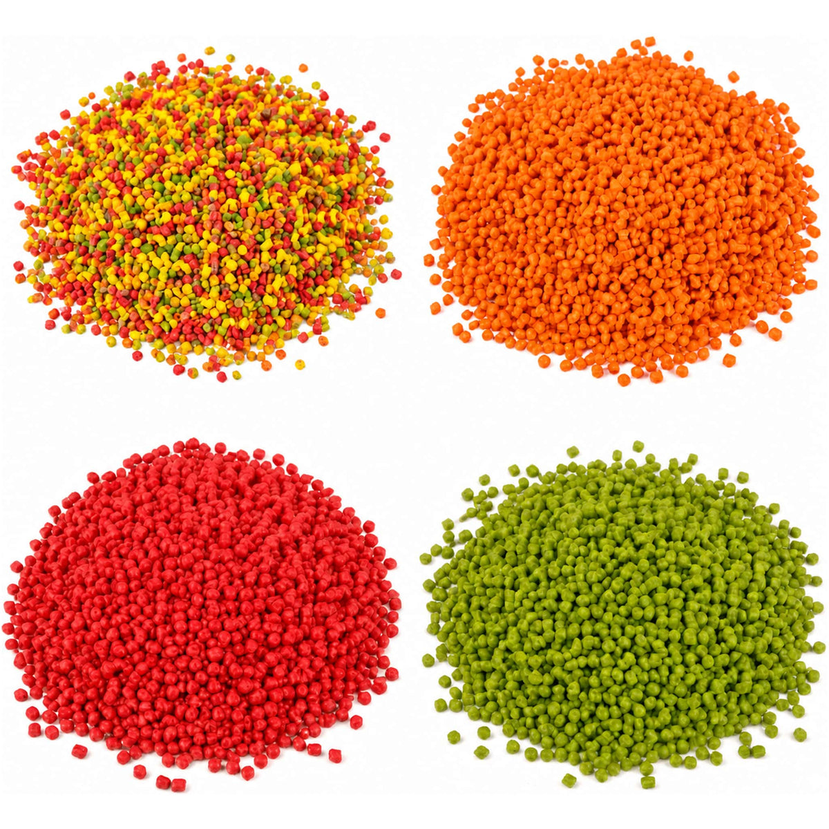 Vier hopen kleine pellets: gemengd geel-rood-groen linksboven, oranje rechtsboven, rood linksonder en groen rechtsonder.