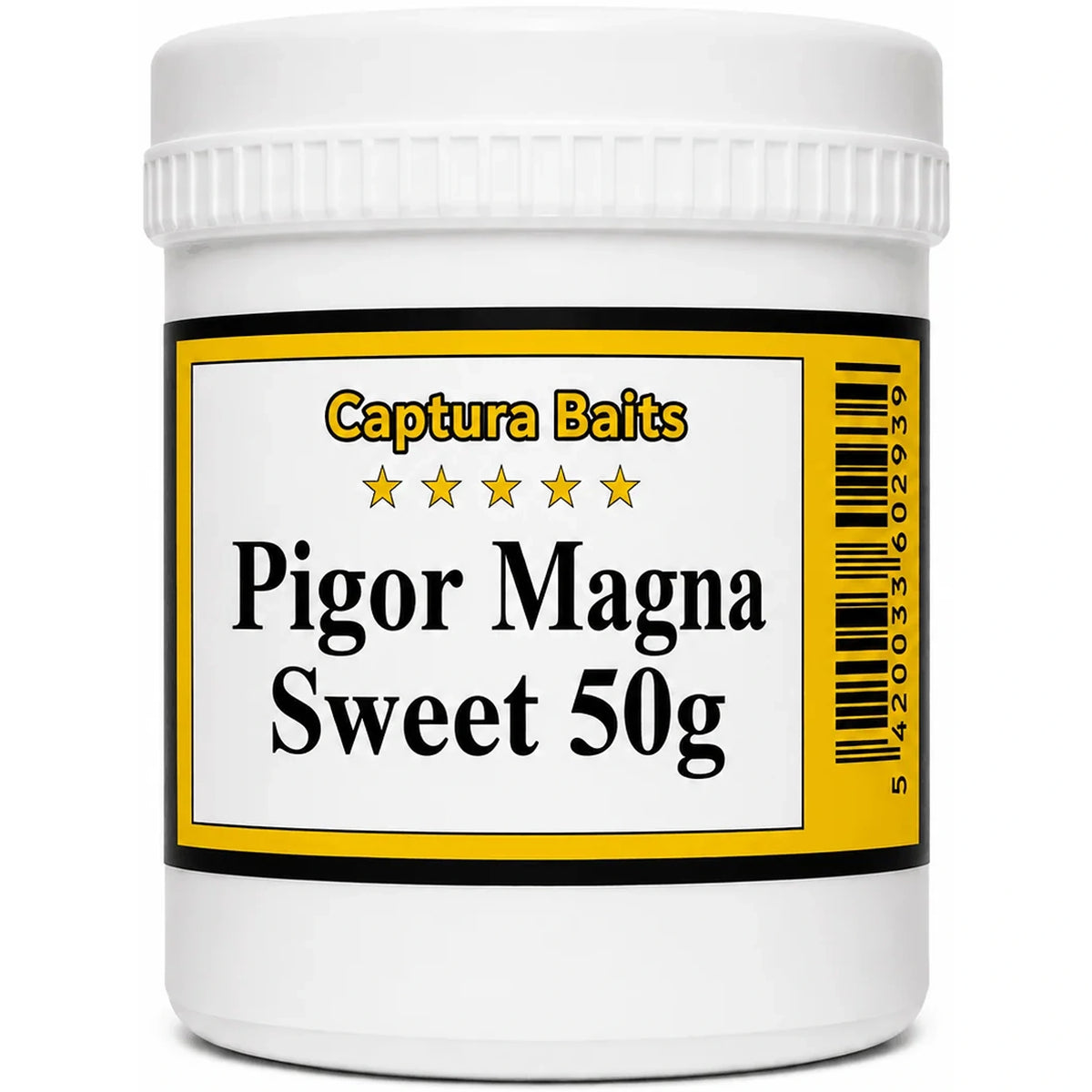 Captura Baits Pigor Magna Sweet – wit potje met schroefdeksel, geel-zwart etiket en 50 g-opdruk, van voren gezien.
