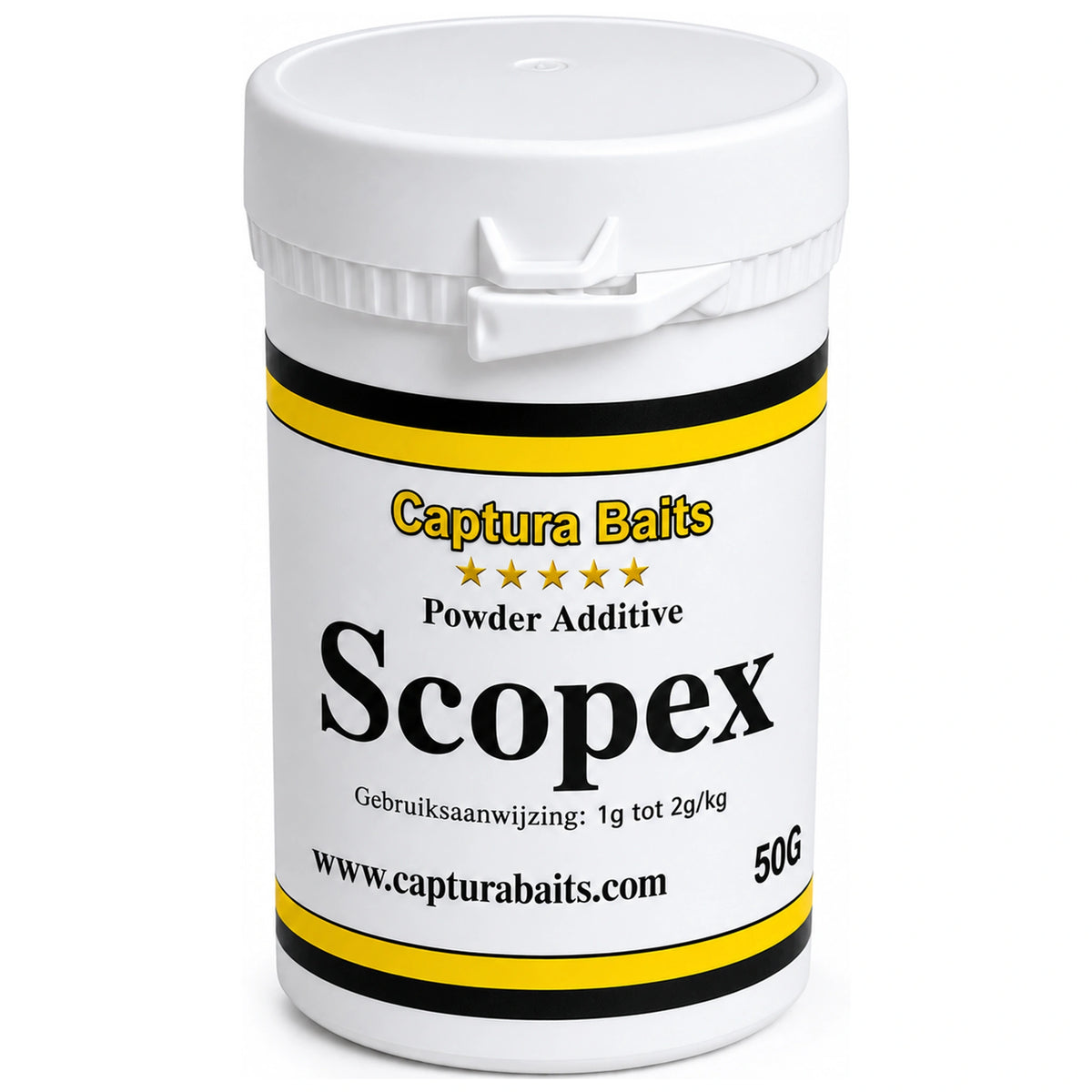 Witte pot Captura Baits Powder Additive Scopex 50 g met geelzwart etiket