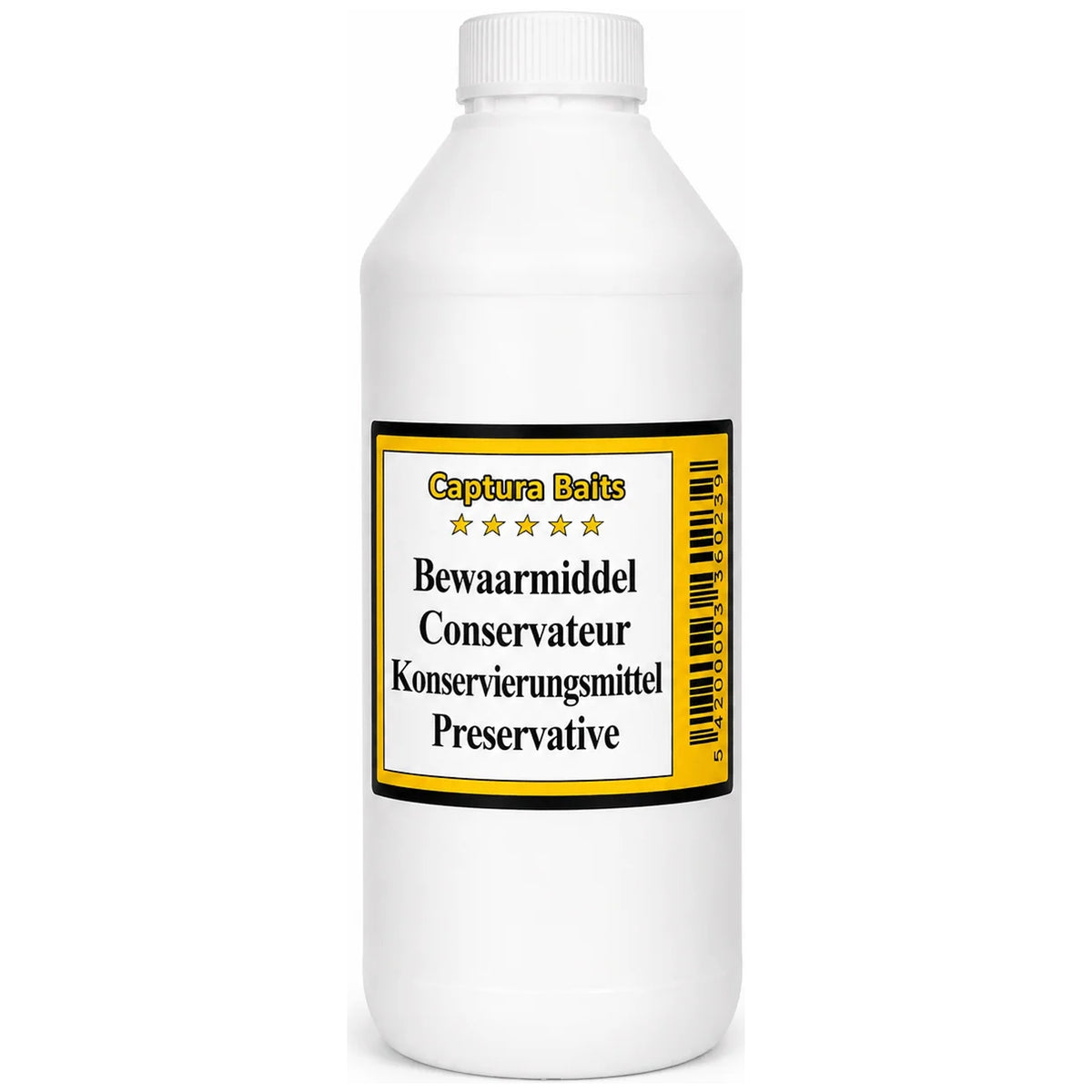 Witte Captura Baits-fles met witte schroefdop en geel-zwart etiket met vijf sterren en Bewaarmiddel in vier talen.