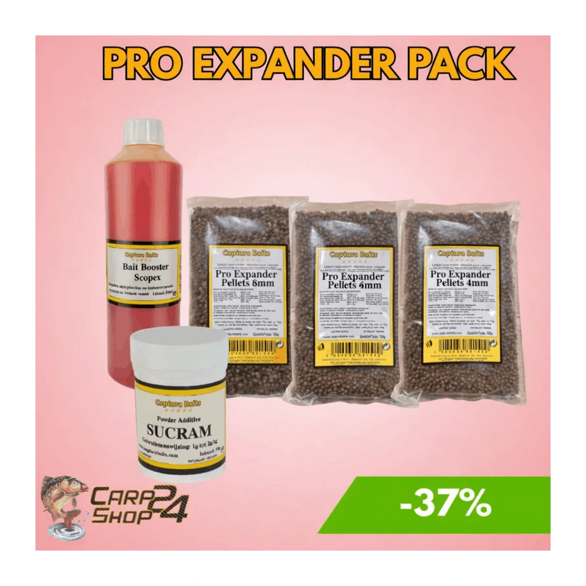 Captura Baits Pro Expander Pack – fles, pot en drie pelletzakken op roze actiebeeld