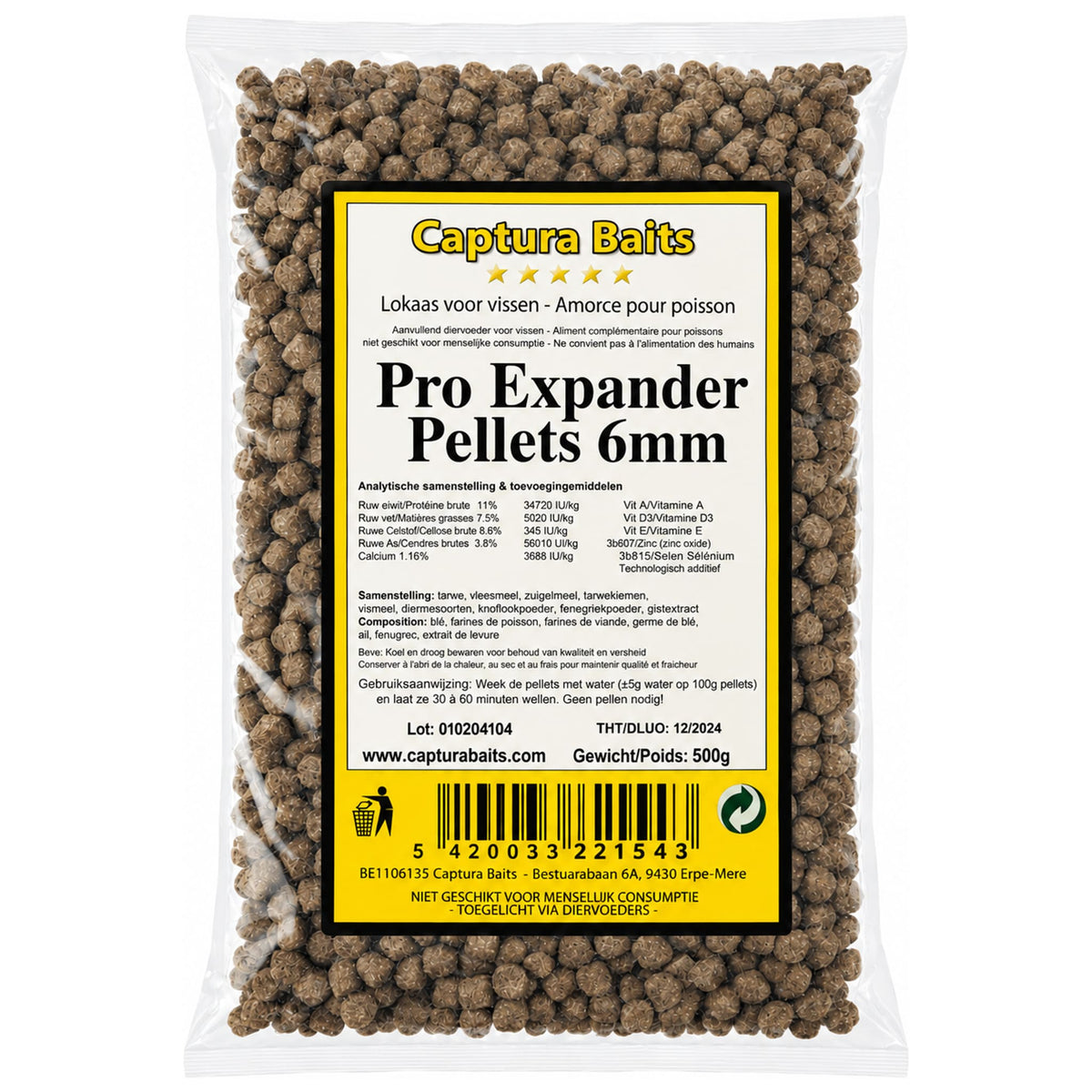 Captura Baits Pro Expander Pellets 6mm 500g – transparante zak met geel etiket