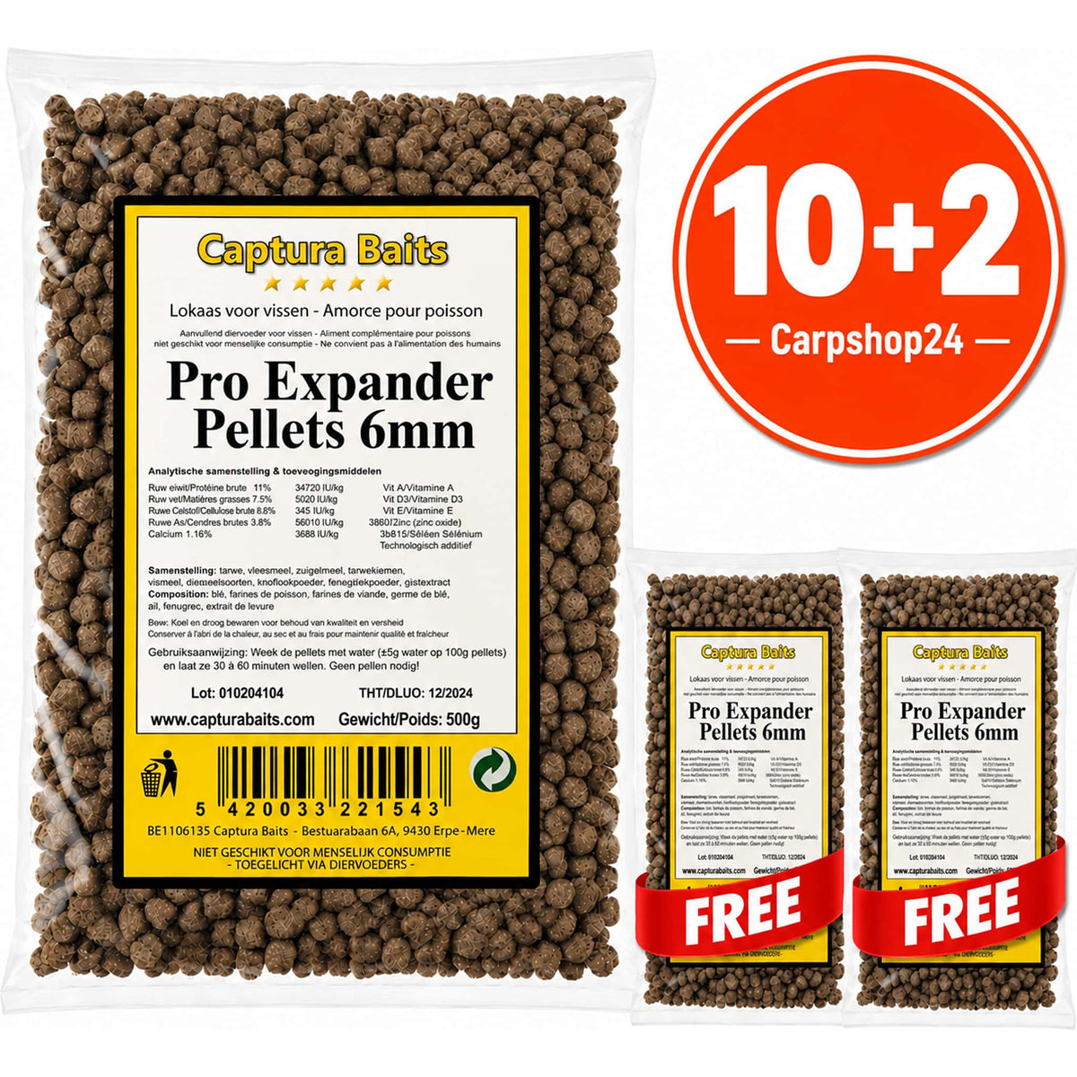 Captura Baits Pro Expander Pellets – drie zakken met 6 mm- en 500 g-opdruk, 10+2-badge en twee rode FREE-linten.