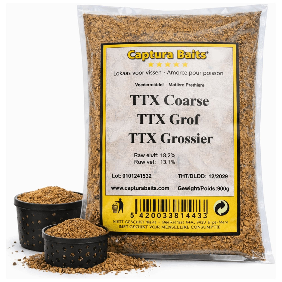 Captura Baits TTX Coarse 900 g met twee zwarte geperforeerde bakjes grof bruin voer
