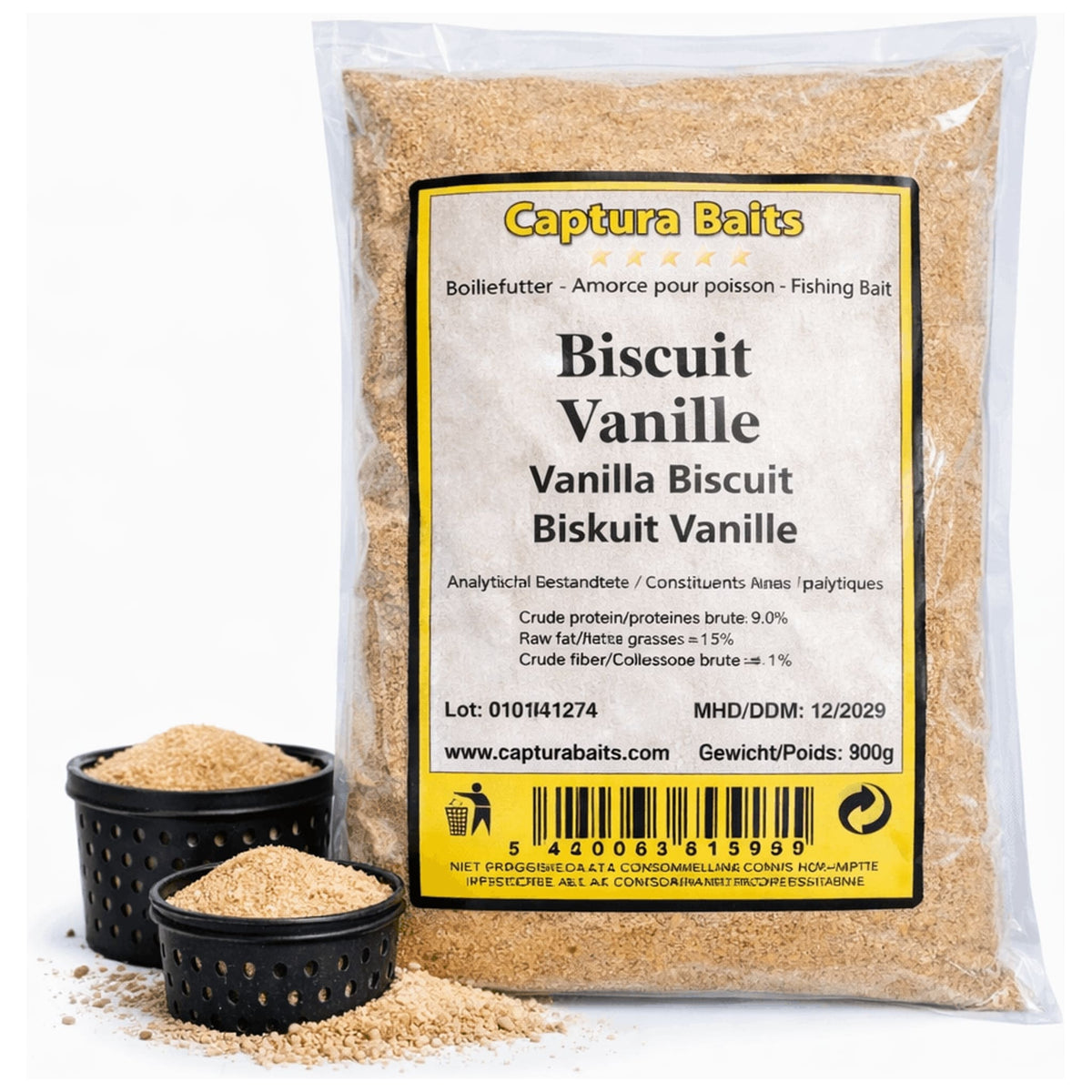 Captura Baits Vanilla Biscuit 900 g met twee zwarte geperforeerde bakjes en los meel