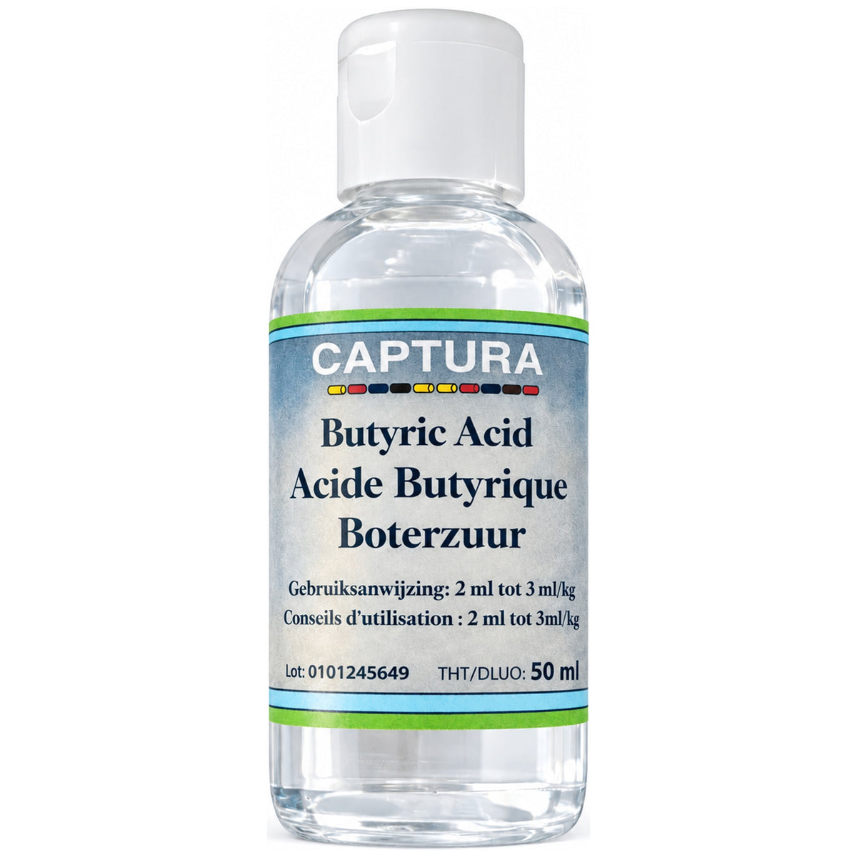 Transparant Captura-flesje met witte klapdop en etiket Butyric Acid, Acide Butyrique, Boterzuur en 50 ml.