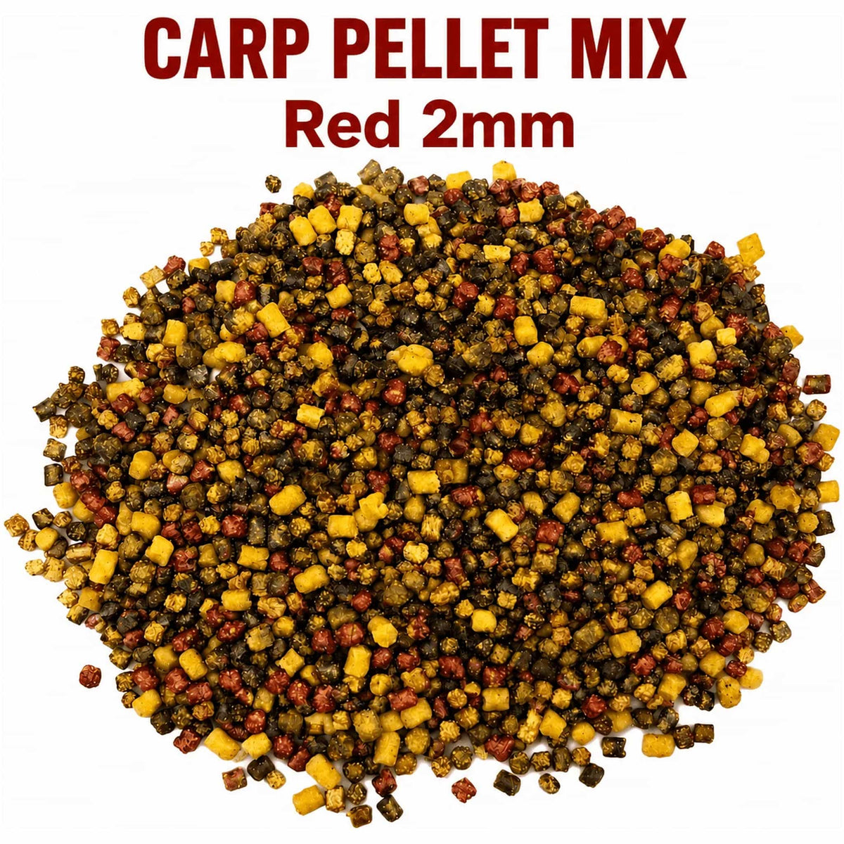 Hoop gele, rode en donkere korte pellets onder de rode tekst Carp Pellet Mix Red 2mm.