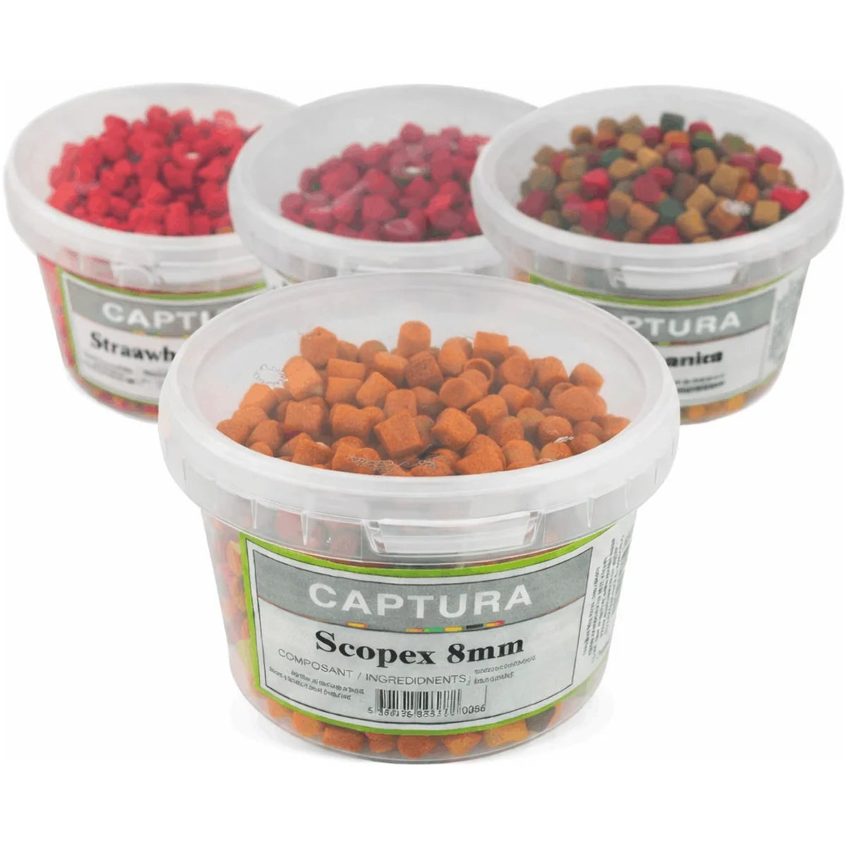 Vier transparante potten met rode, oranje en meerkleurige pellets; vooraan een pot Captura Scopex 8mm.