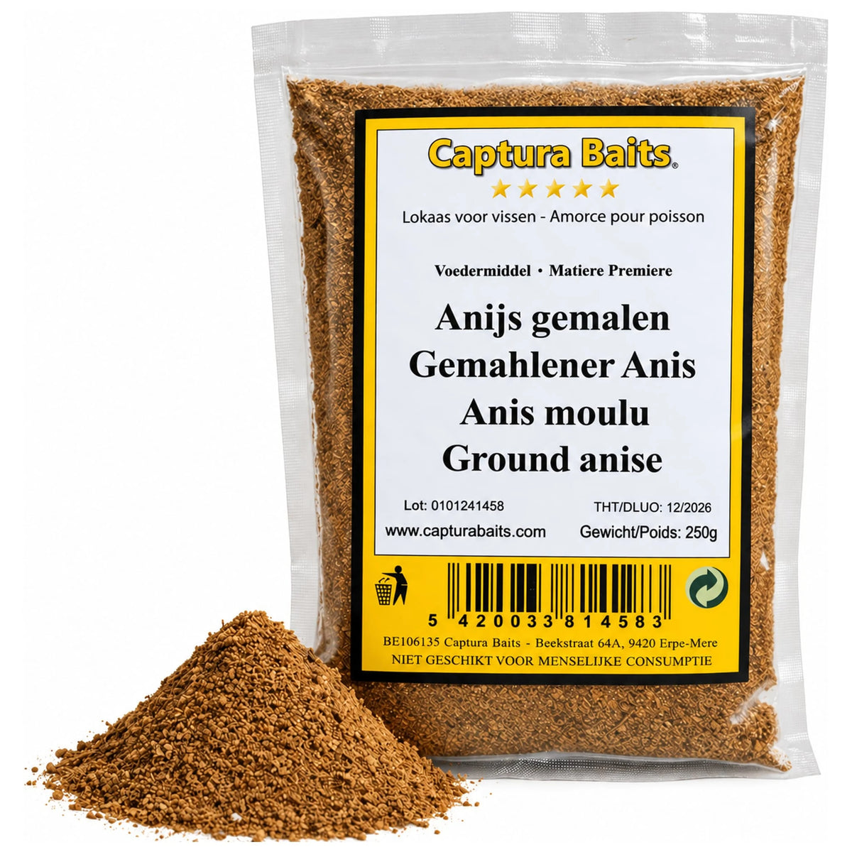 Captura Baits Anijs gemalen 250 g met een hoopje bruin anijsmeel