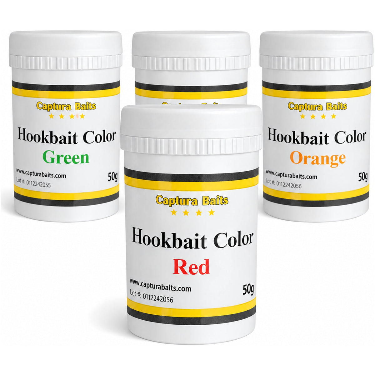 Vier witte Captura Baits Hookbait Color-potten, met Red vooraan en Green en Orange achteraan, voorzien van 50 g-opdruk.