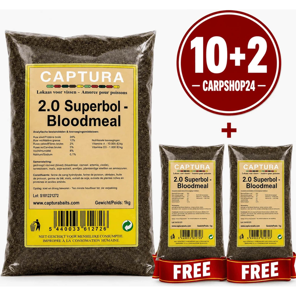 Captura Superbol 2.0 Bloodmeal 1kg – bestaande drie zakken met 10+2-badge en FREE-linten