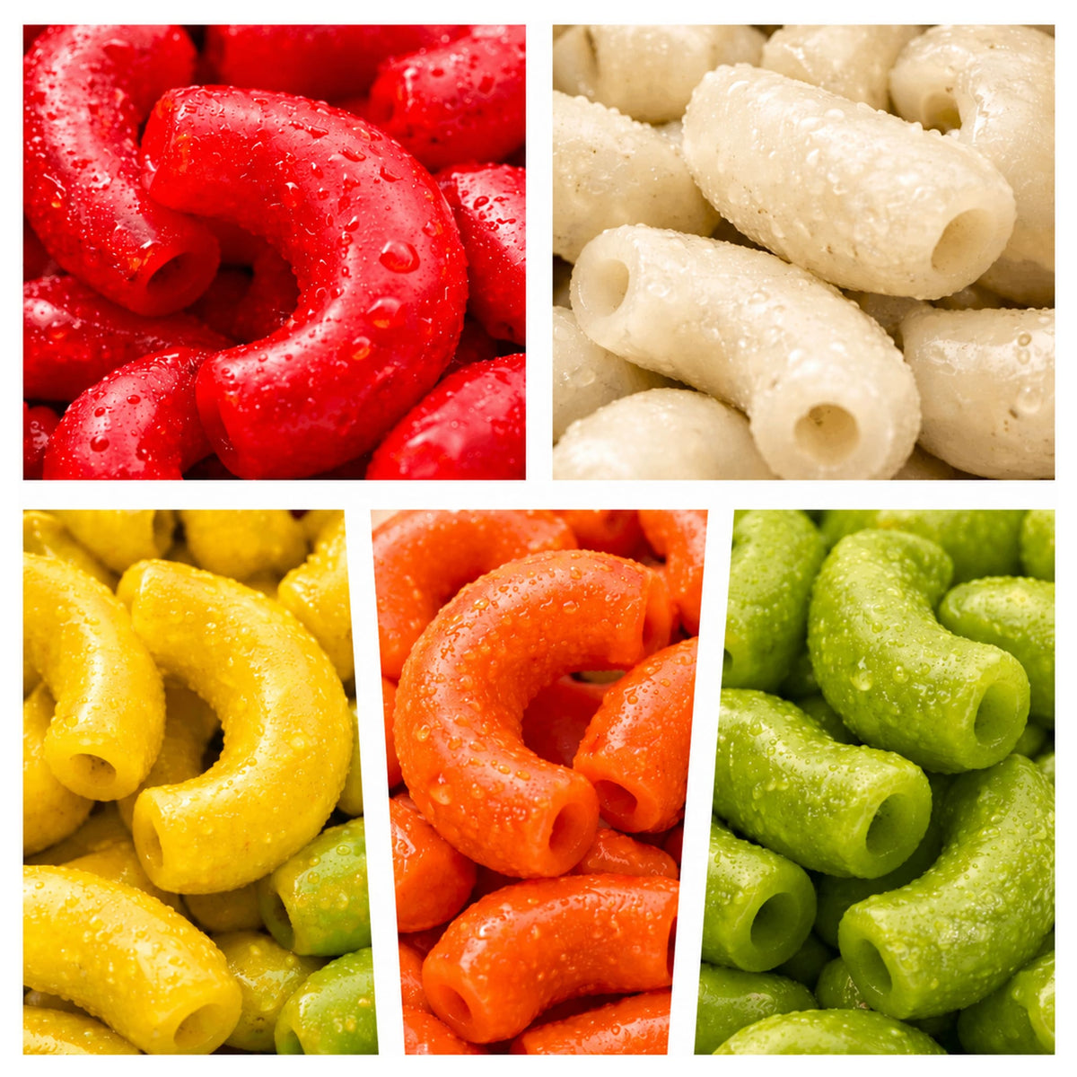 Close-ups van rode, witte, gele, oranje en groene pastastukjes in elleboogvorm