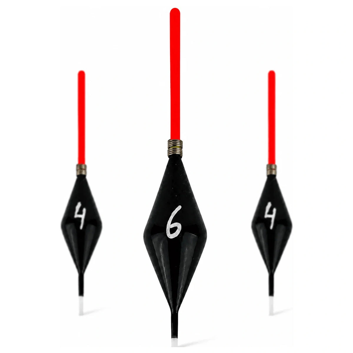 Drie zwarte Carp 1-dobbers met rode antennes, centraal groter met 6-opdruk