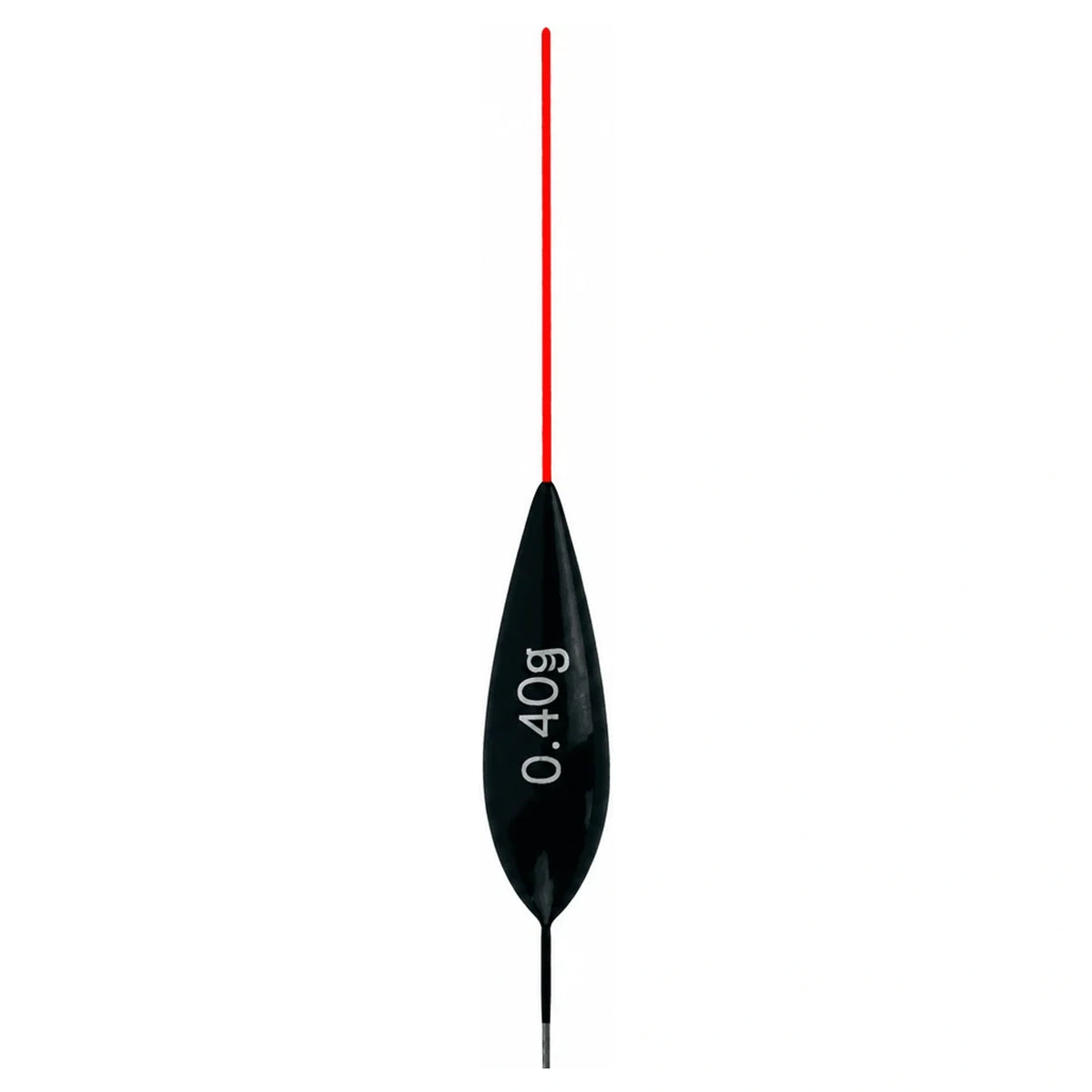 Zwarte druppelvormige dobber met lange rode antenne en witte opdruk 0.40g