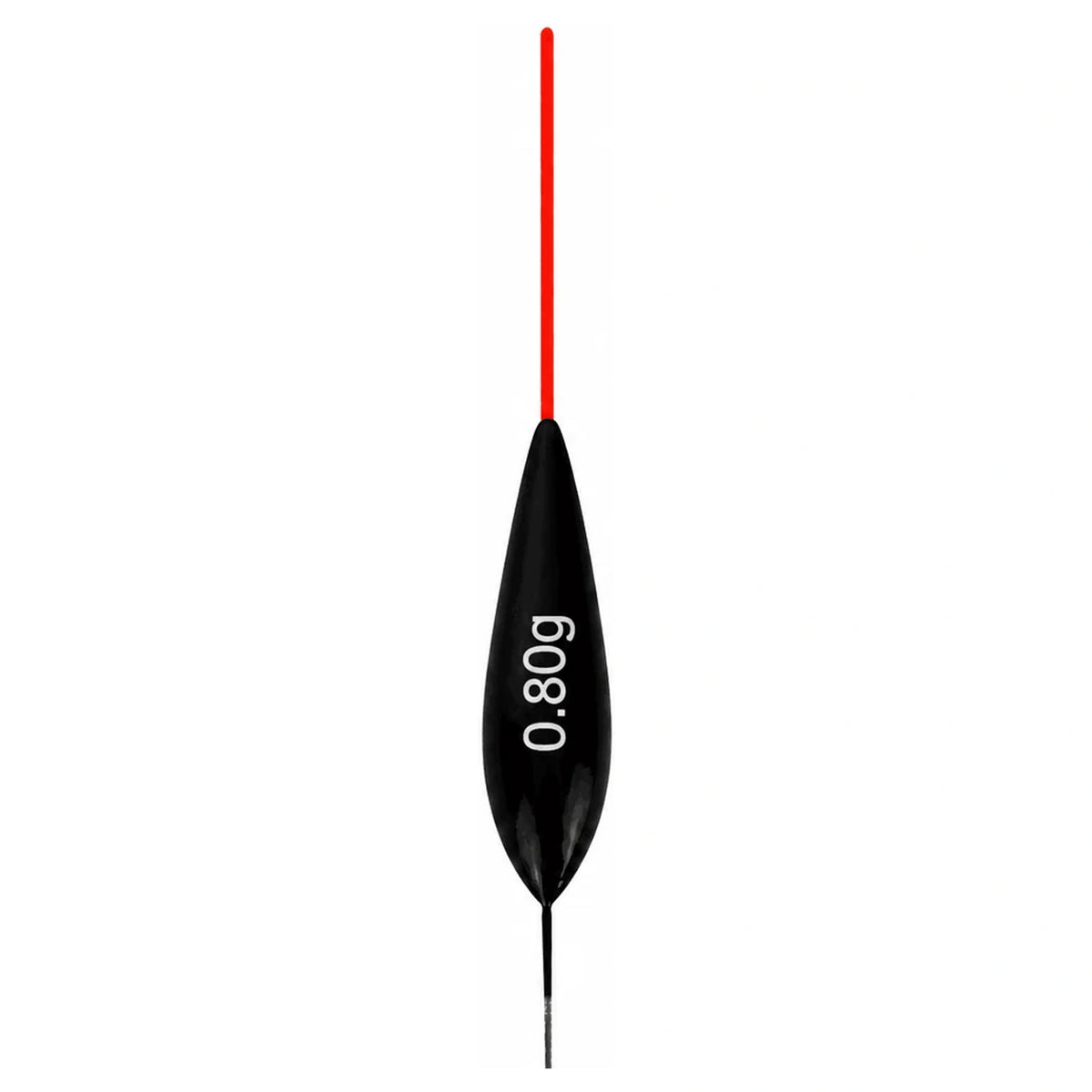Zwarte langgerekte dobber met rode antenne en witte opdruk 0.80g