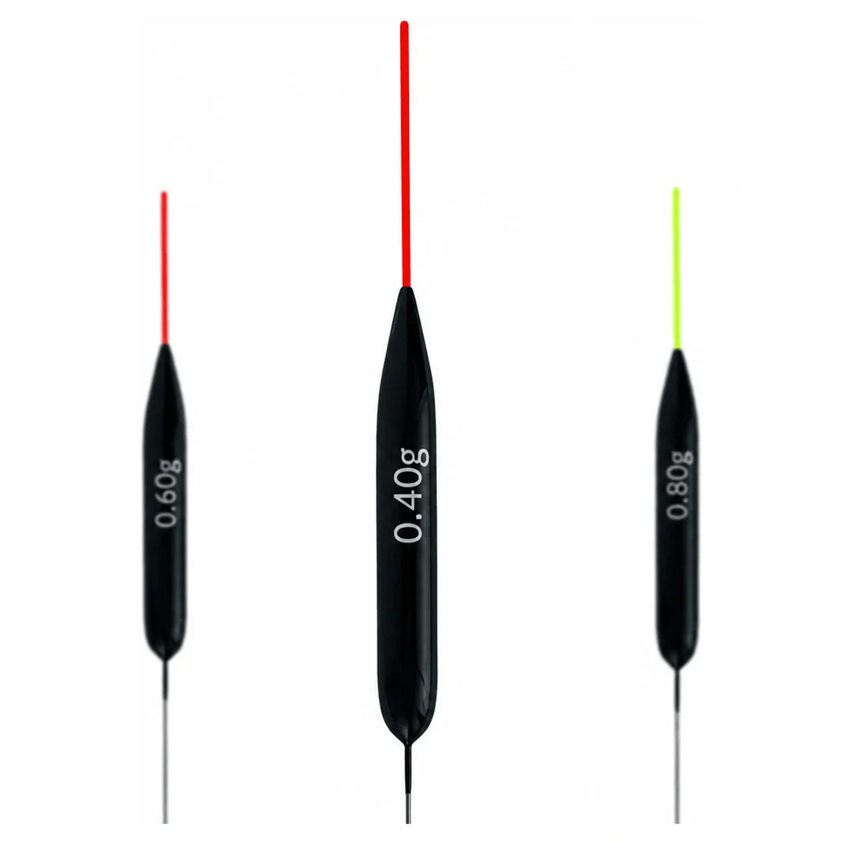 Drie zwarte dobbers met rode en geelgroene antennes en witte gewichtsopdruk