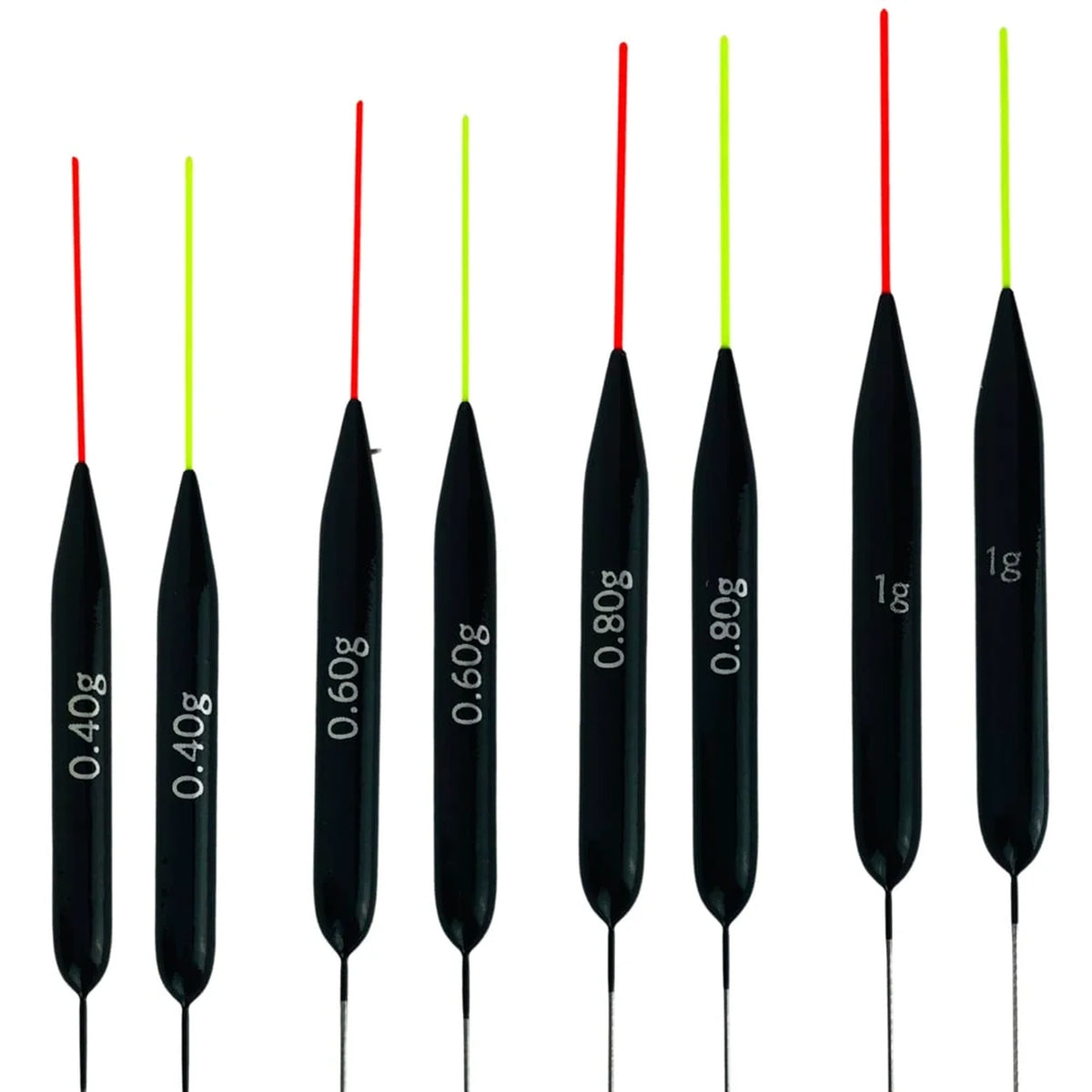 Carpshop24 Kanaal 4 – overzicht van slanke kanaaldobbers met rode en gele fiber antenne in verschillende gewichten