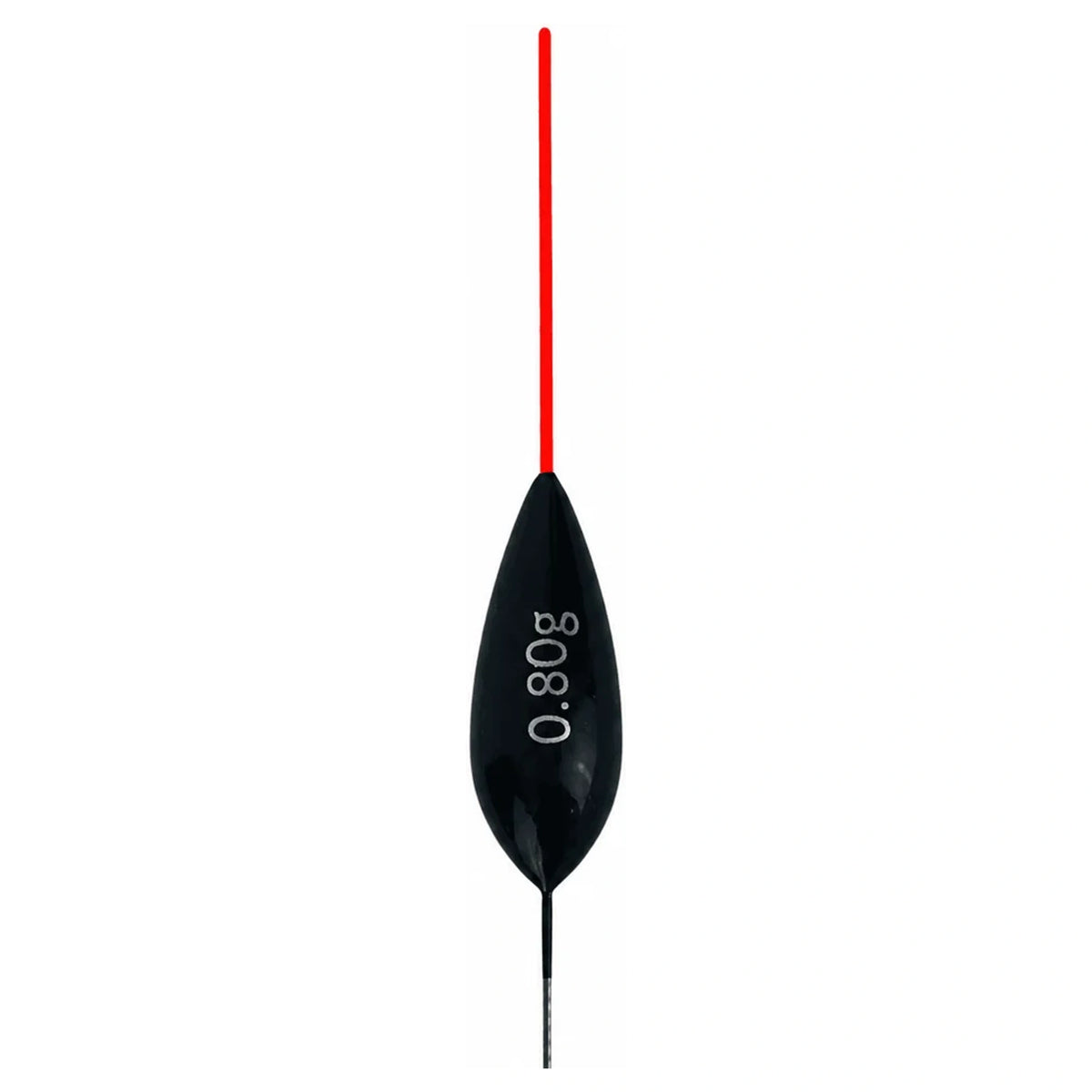 Zwarte druppelvormige dobber met rode antenne en witte opdruk 0.80g