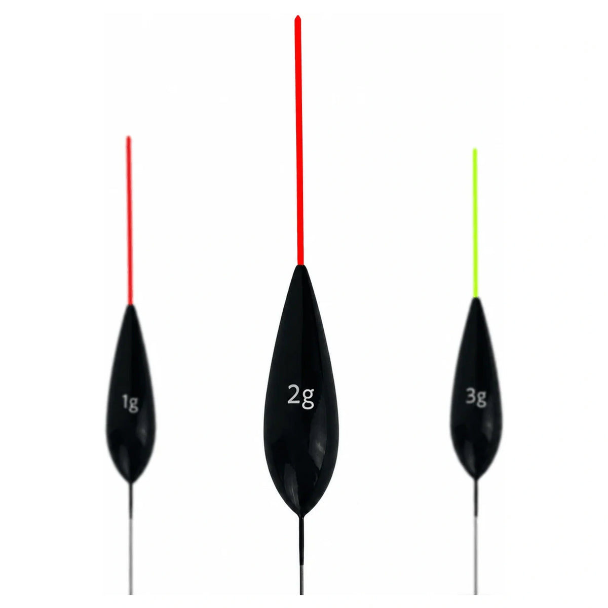 Drie zwarte dobbers met rode en geelgroene antennes en witte opdruk 1g, 2g en 3g