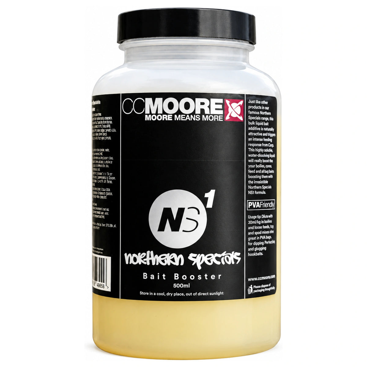 Transparante CC Moore NS1 Bait Booster-pot van 500ml met zwart etiket en zwarte schroefdeksel